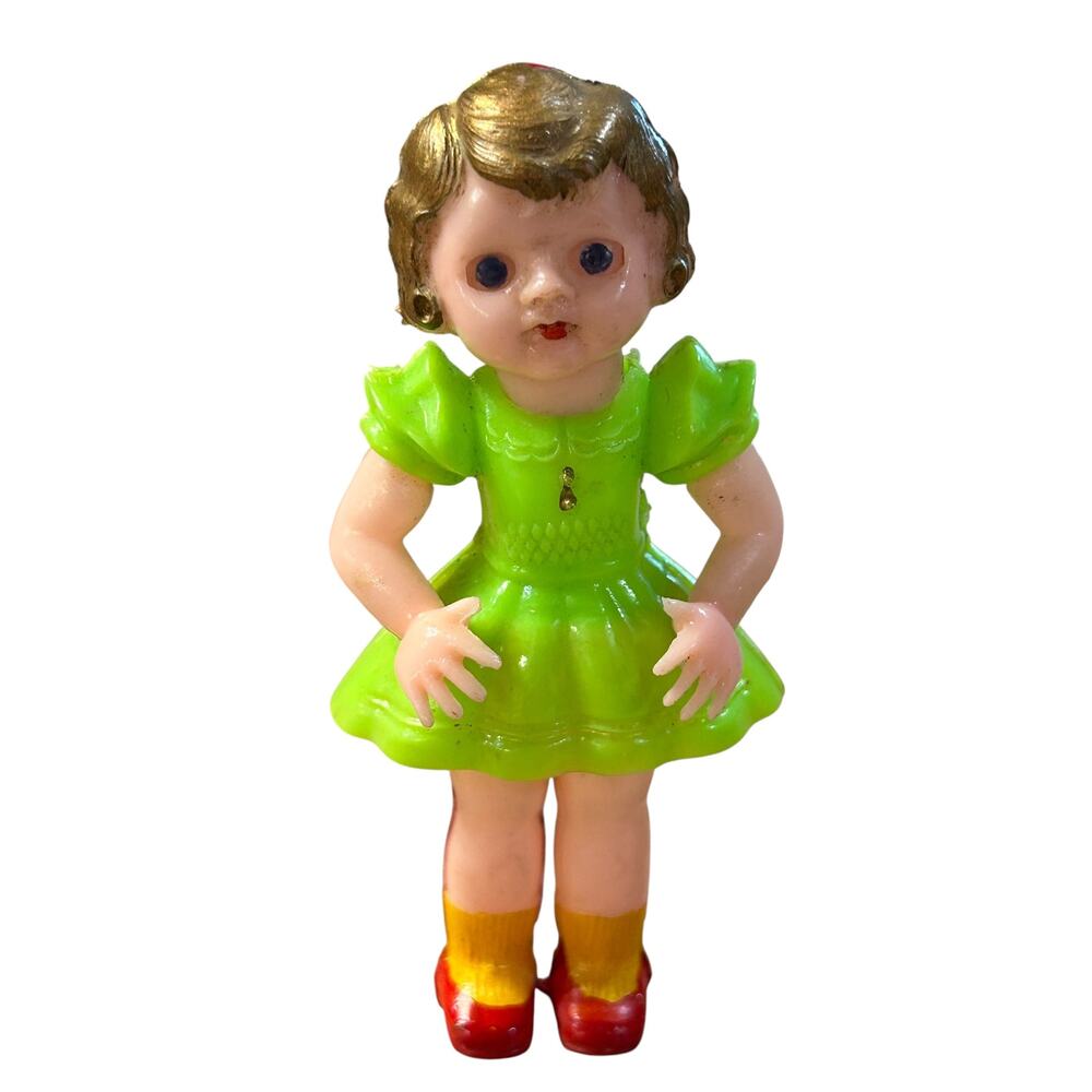 Vintage Creepy‎ Doll Sleep Eyes Green Dress Halloween Toy 1950s Hong Kong